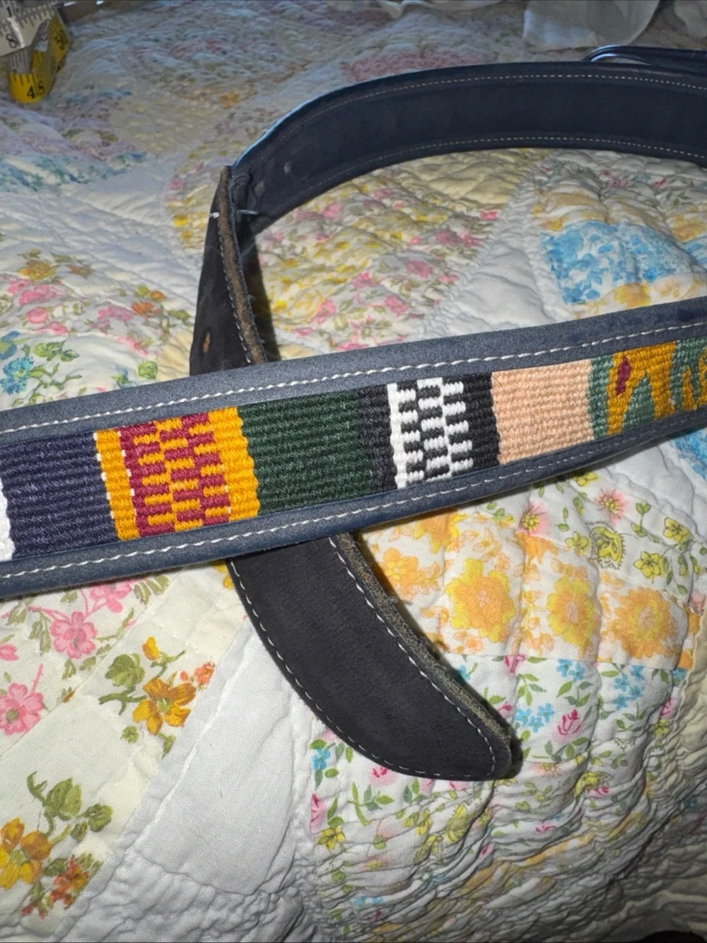 VTG Colorful Guatemalan Hand Woven & Leather Boho Belt 40-43”